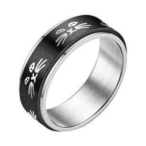 Cat Face Fidget Spinner Ring Stainless Steel Black Silver Band Anxiety Ring